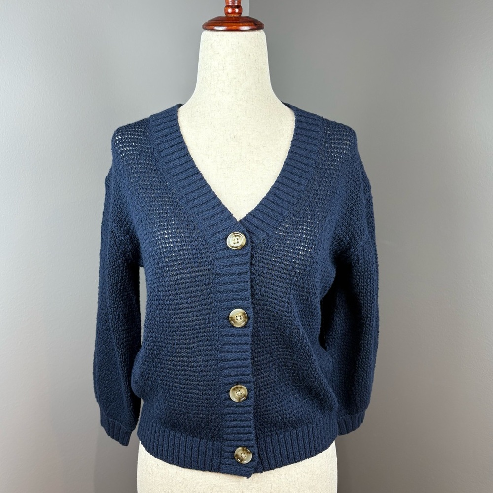 Loft Cropped V Neck Cardigan Sweater w Blouson Sleeves Loose Knit XXSP Cozy Soft
